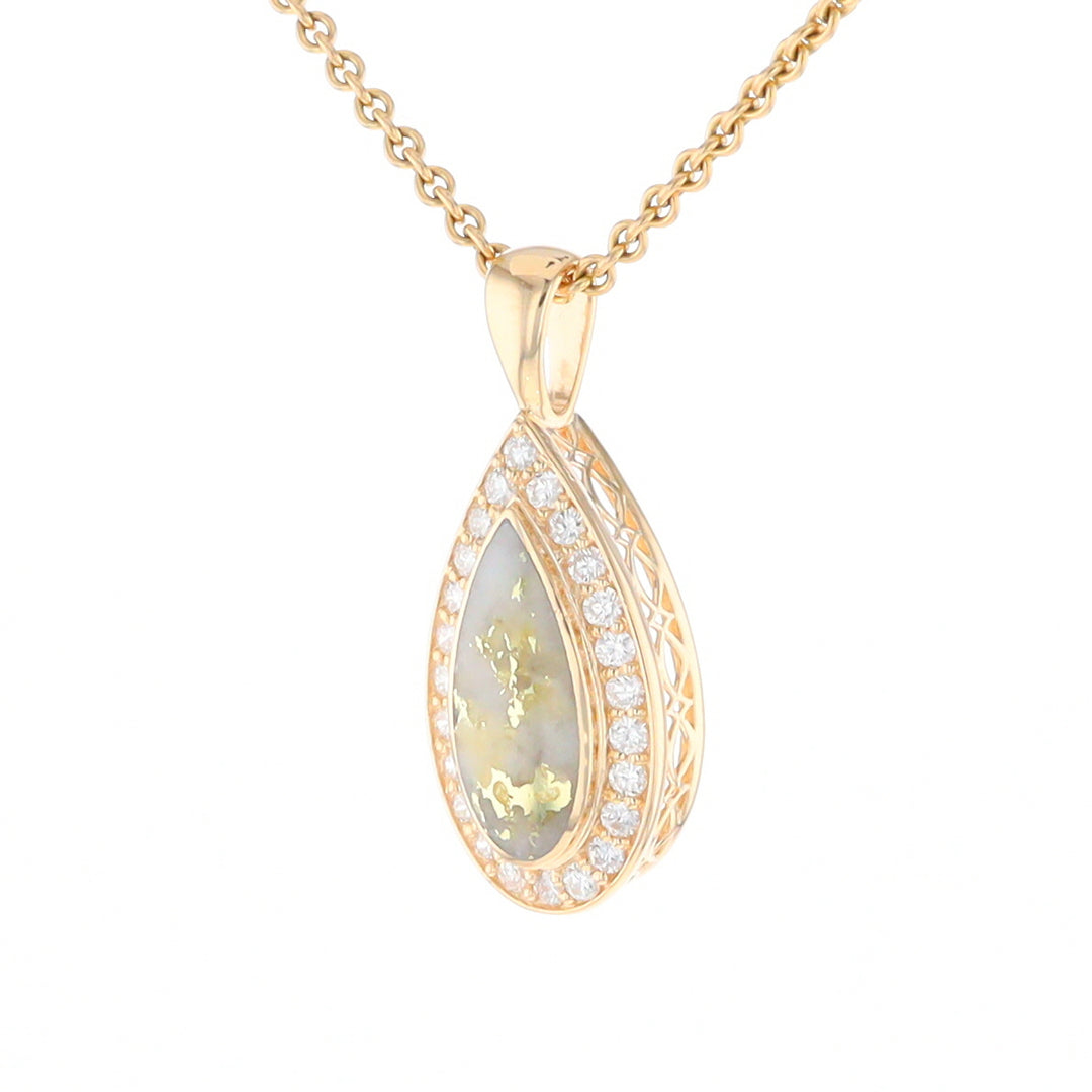 Gold Quartz Pendant Tear Drop Inlaid .42ctw Diamond Halo Design