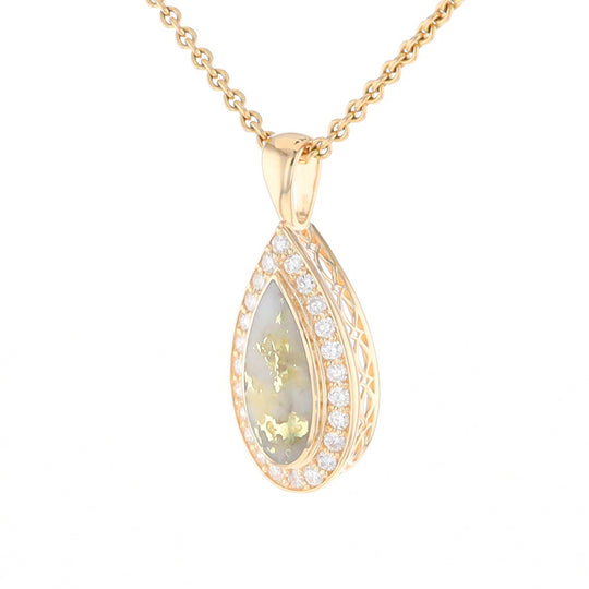 Gold Quartz Pendant Tear Drop Inlaid .42ctw Diamond Halo Design