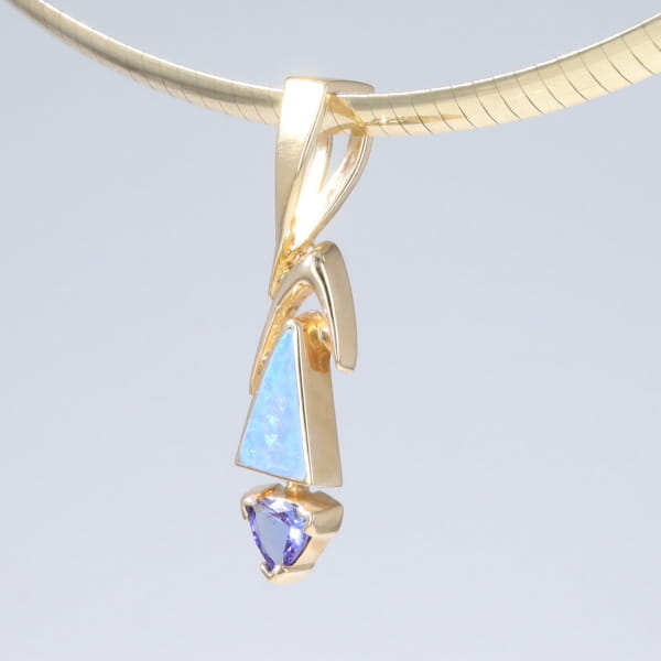 Opal Pendant Triangle Inlaid Design with Trillion Cut Tanzanite