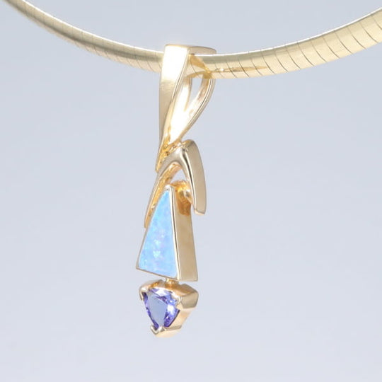 Opal Pendant Triangle Inlaid Design with Trillion Cut Tanzanite