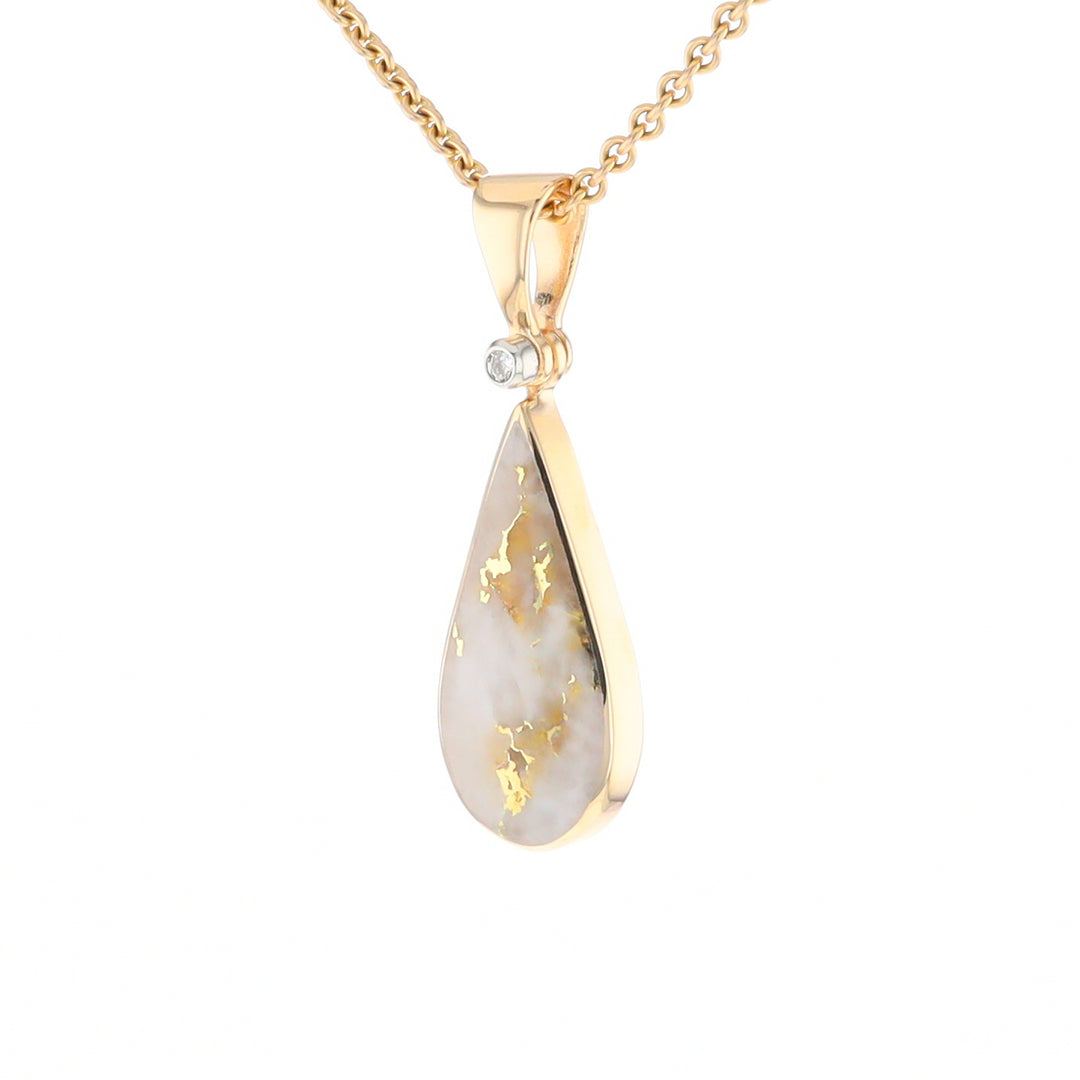 Gold Quartz Necklace Tear Drop Inlaid Pendant with .02ct Diamond