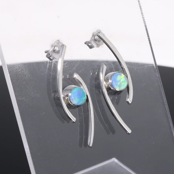Opal Earrings Round Inlaid Double Curved Bar Design Studs