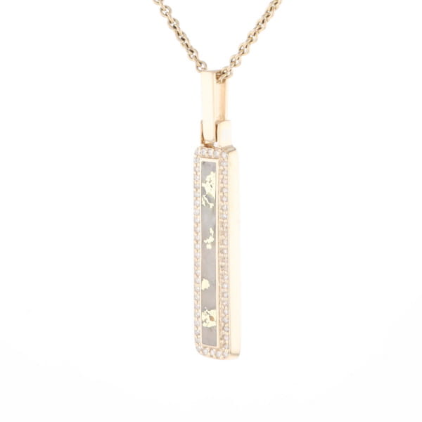 Gold Quartz Necklace, Rectangle Inlaid, .27ctw Diamond Halo Pendant