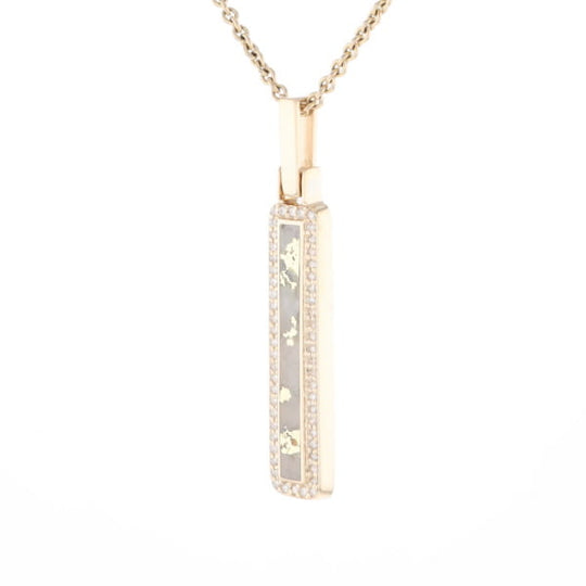 Gold Quartz Necklace, Rectangle Inlaid, .27ctw Diamond Halo Pendant