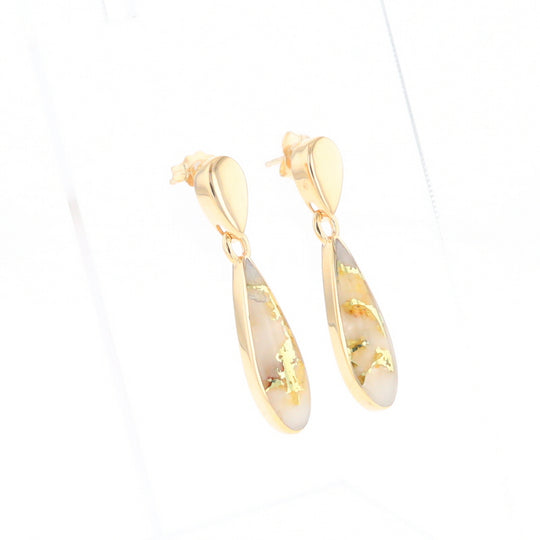 Gold Quartz Earrings Tear Drop Inlaid Design