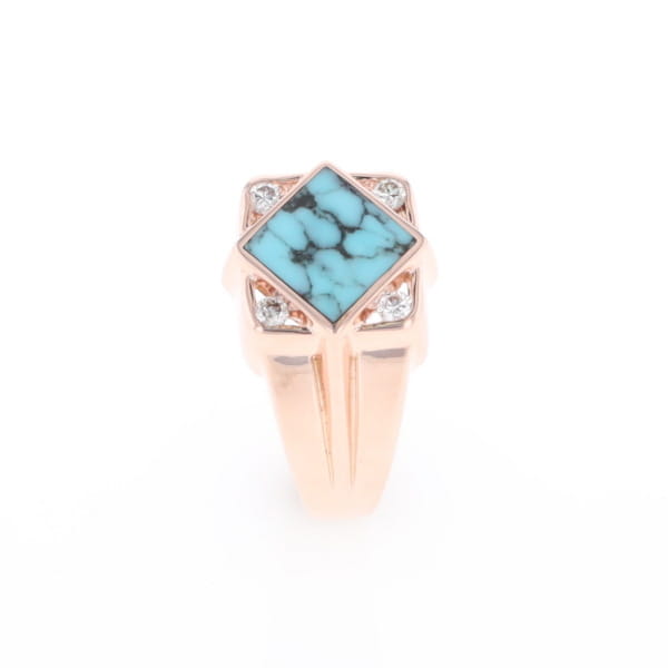 Natural Turquoise ring diamond shape inlaid design with .16ctw round diamonds