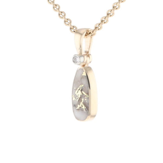 Gold Quartz Necklace Pear Shape Inlaid Pendant with .02ct Diamond