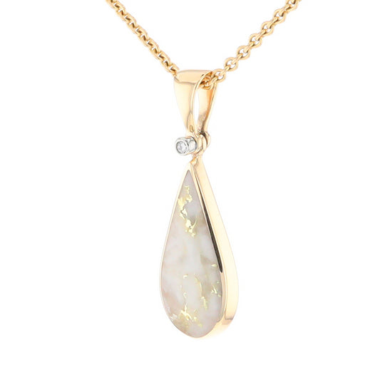 Gold Quartz Necklace Tear Drop Inlaid Pendant with .02ct Diamond