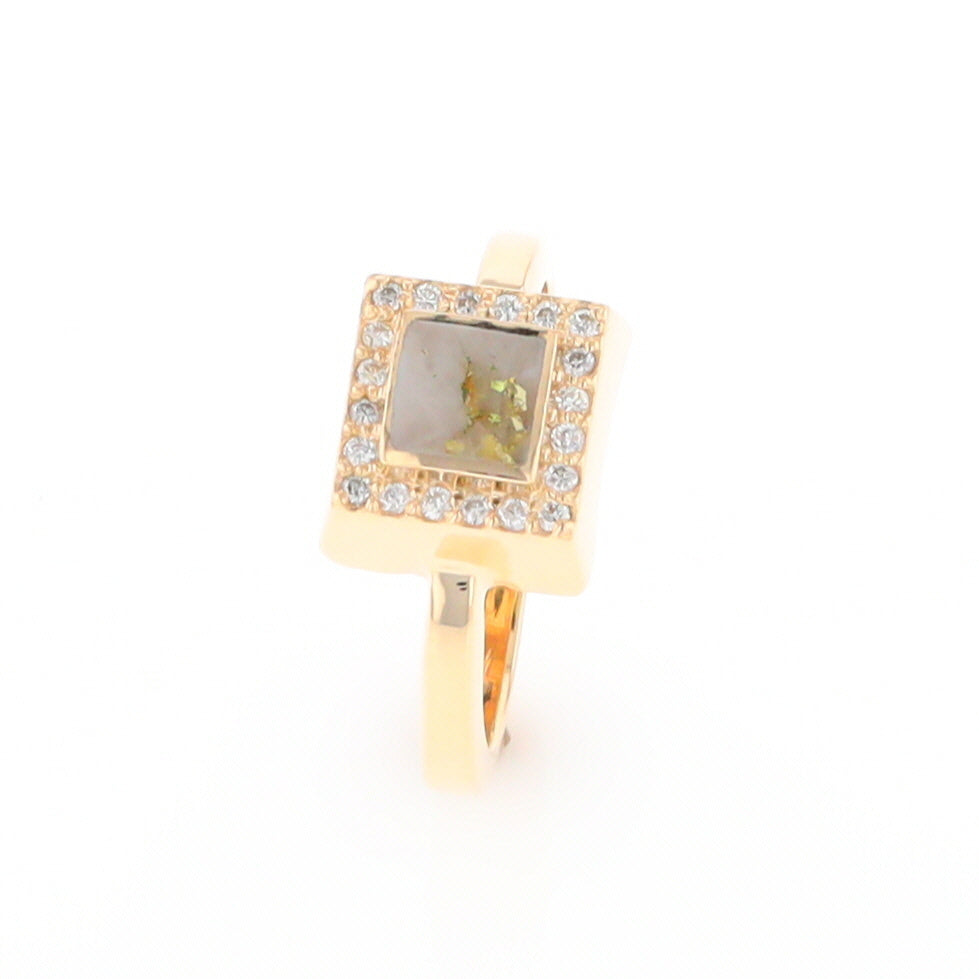 Gold Quartz Ring Square Inlaid Halo .14ctw Diamonds Design