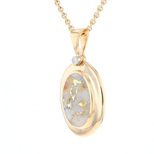 Gold Quartz Necklace Oval Inlaid Pendant with a .02ct Diamond