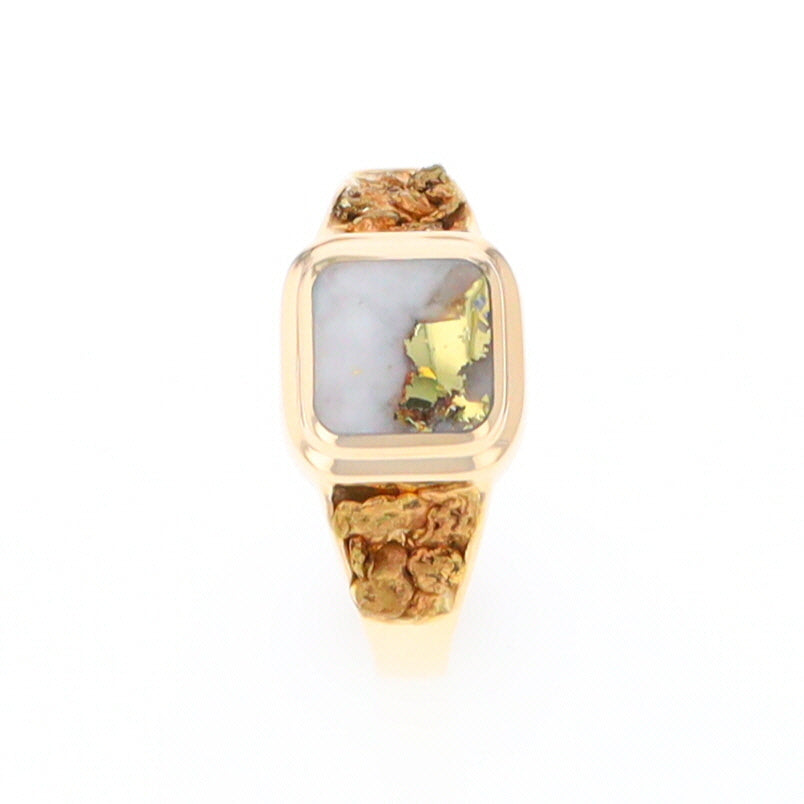 Gold Quartz Ring Square Inlaid Design Double Natural Nugget Sides