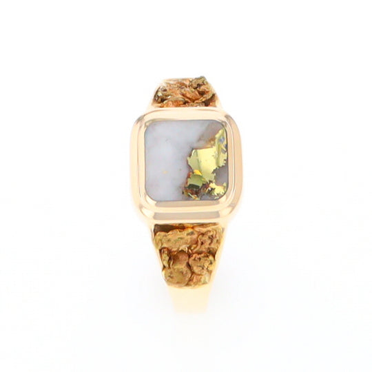 Gold Quartz Ring Square Inlaid Design Double Natural Nugget Sides