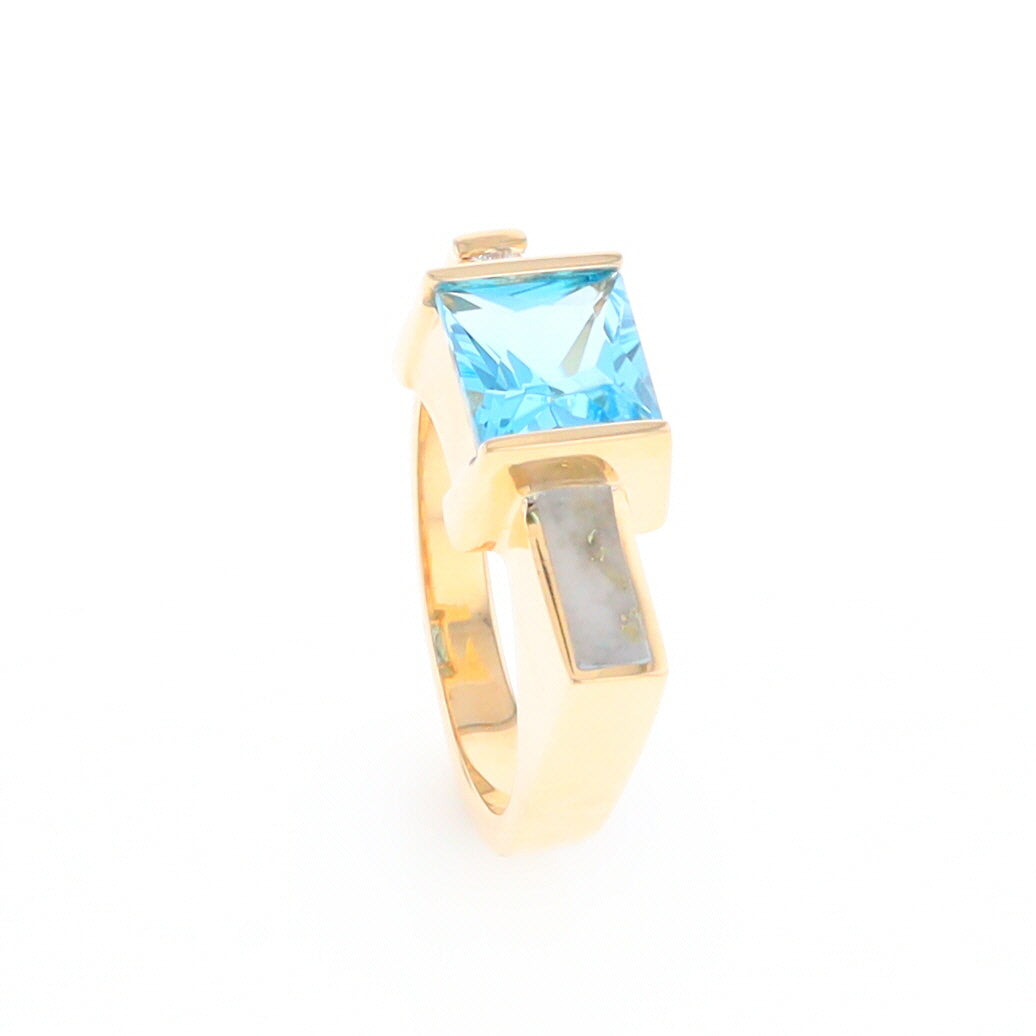 Gold Quartz Ring Rectangle Inlay Swiss Blue Topaz .06ct Round Diamond