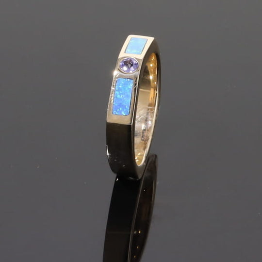 Opal Rings 2 Section Inlaid Design with Round Tanzanite