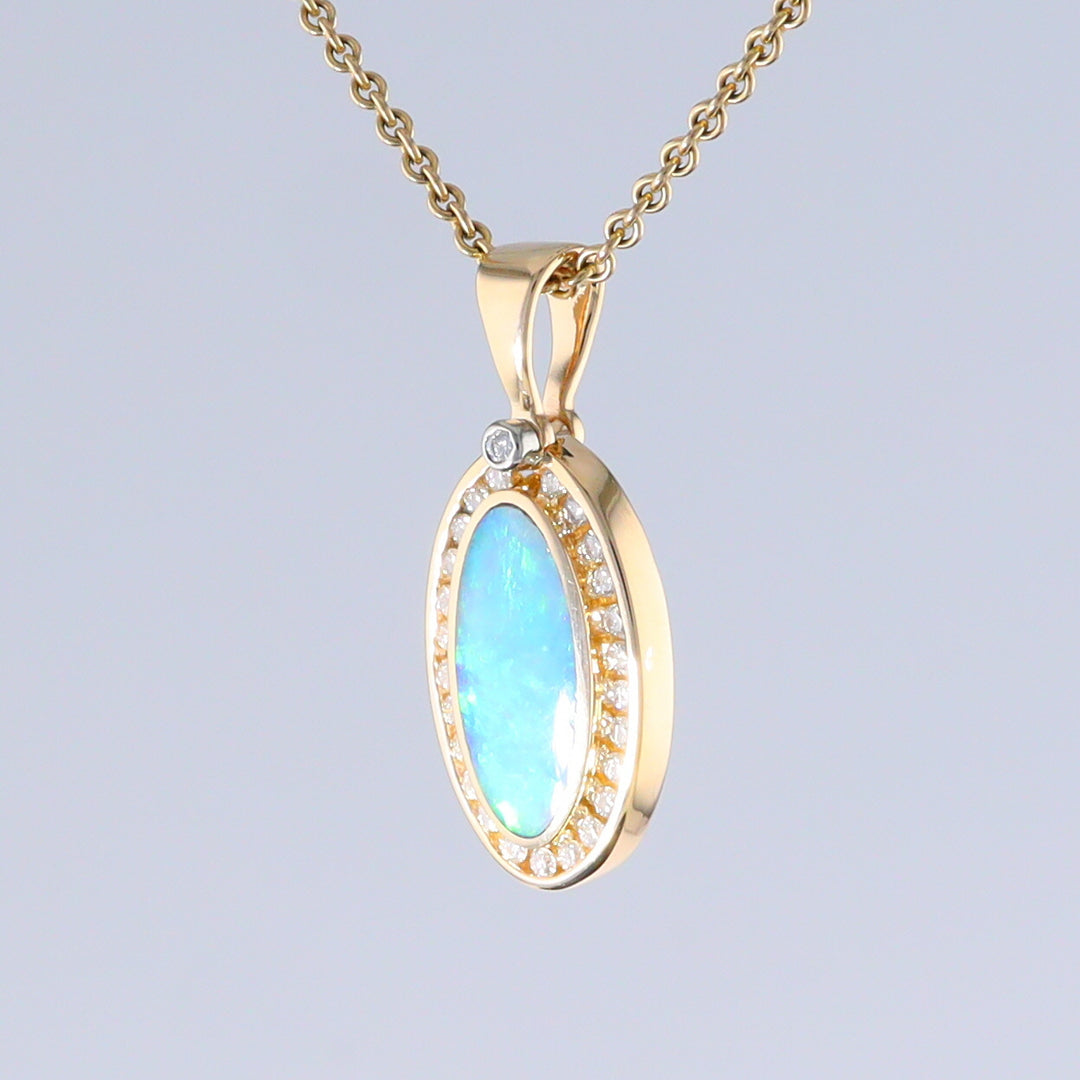 Opal Pendant Oval Inlaid Design with .37ctw Round Diamonds Halo