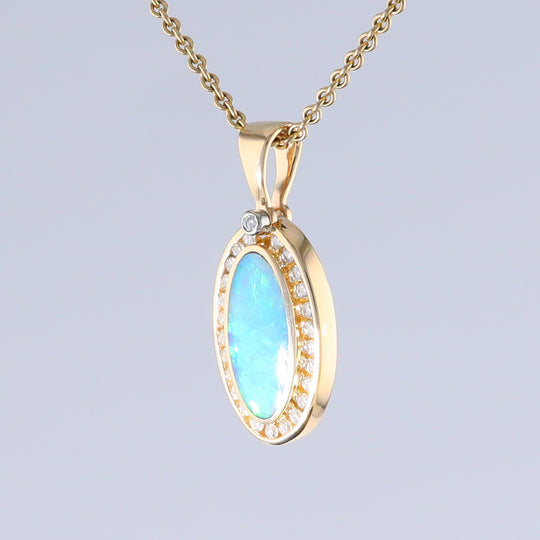 Opal Pendant Oval Inlaid Design with .37ctw Round Diamonds Halo