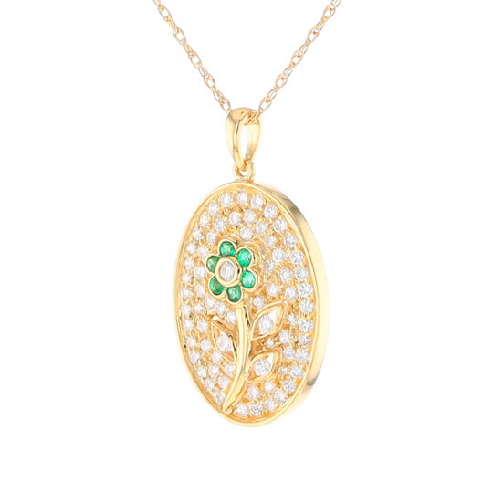 Emerald and Diamond Encrusted Oval Flower Pendant