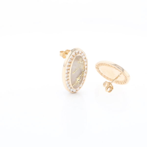 Gold Quartz Earrings Oval Inlaid Design .73ctw Round Diamonds Halo G2