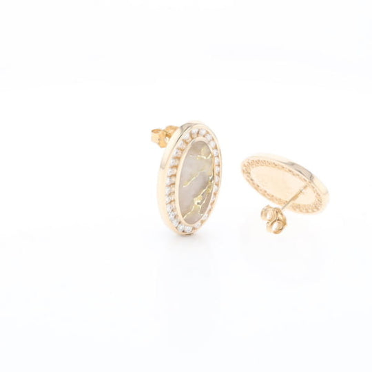 Gold Quartz Earrings Oval Inlaid Design .73ctw Round Diamonds Halo G2