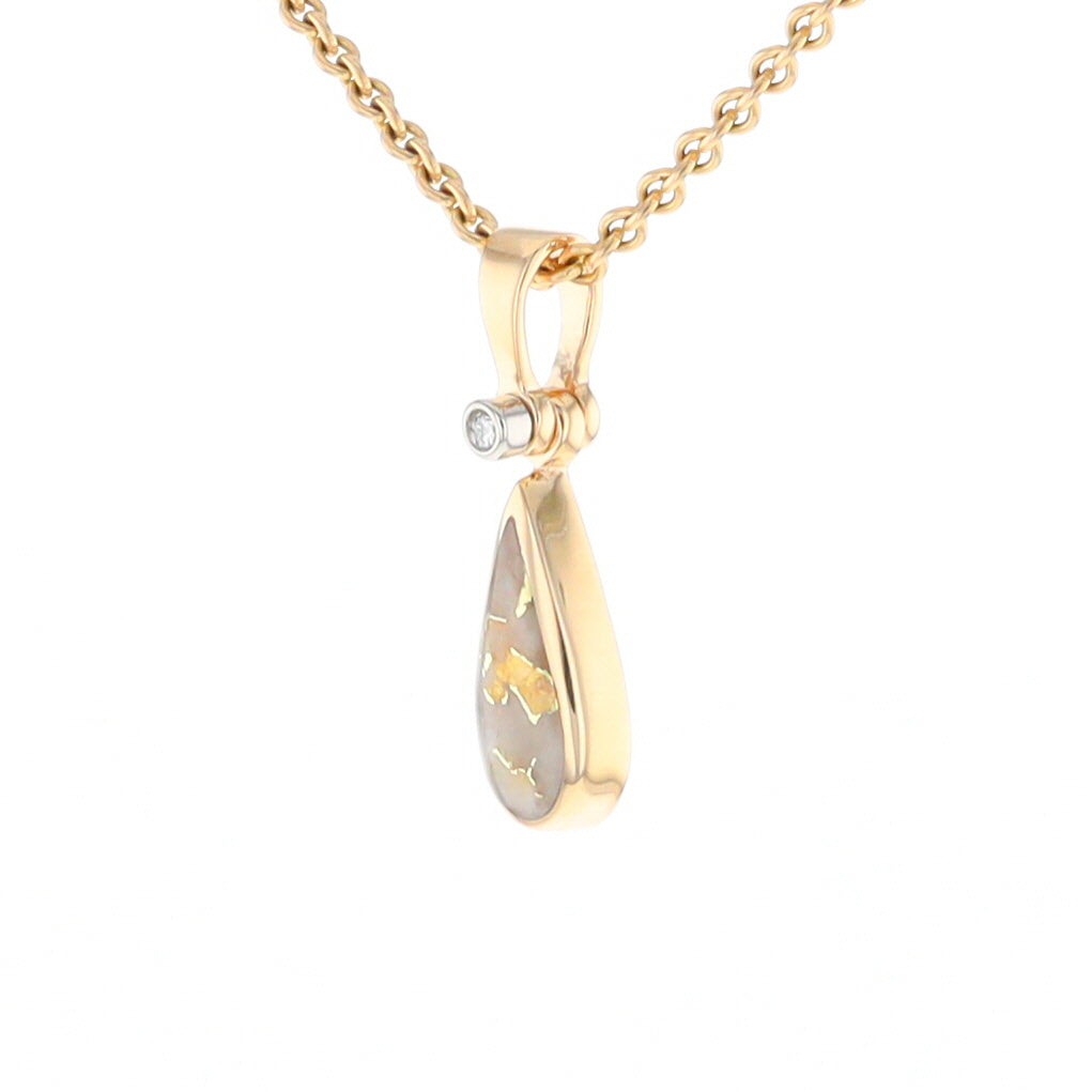 Gold Quartz Pendant Tear Drop Inlaid Design with .02ct Diamond