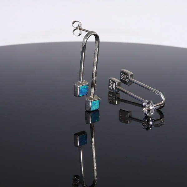 Opal Earrings Curved Bar Double Square Inlaid Ends Design Studs