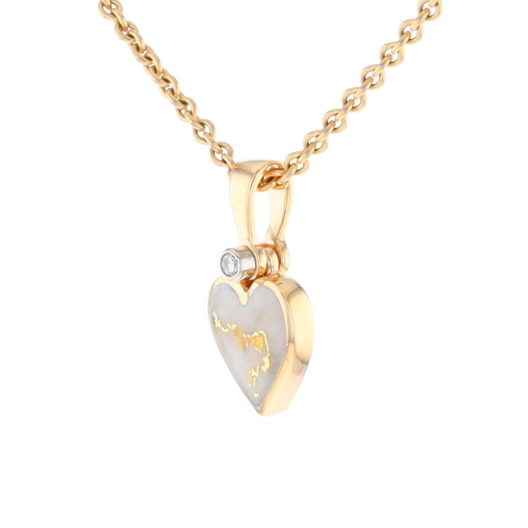 Gold Quartz Necklace Heart Inlaid Design Pendant with .02ct Diamond