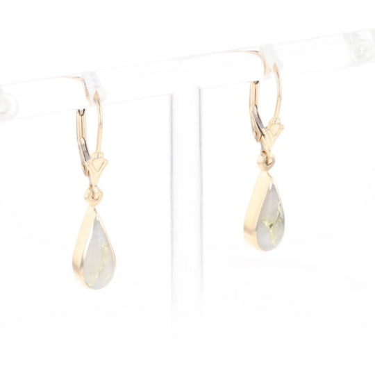 Gold Quartz Earrings Tear Drop Inlaid Lever Backs - G2