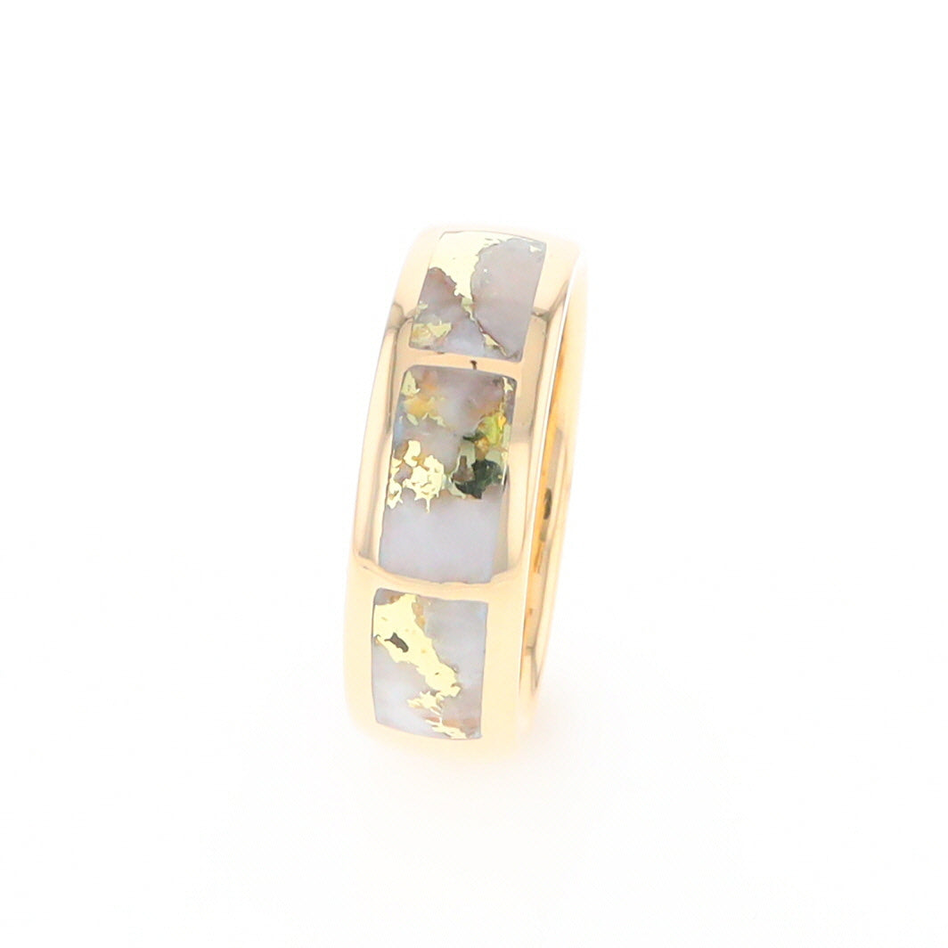 Gold Quartz Ring 3 Section Rectangle Inlaid Band