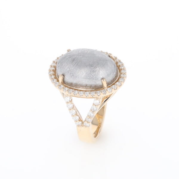 Meteorite Ring Oval Cabochon 0.65ctw Round Diamonds Halo