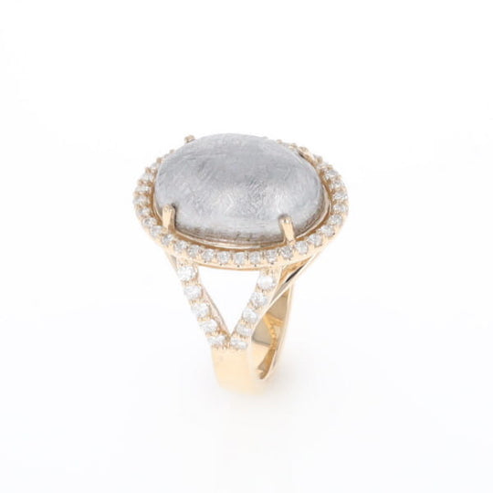 Meteorite Ring Oval Cabochon 0.65ctw Round Diamonds Halo