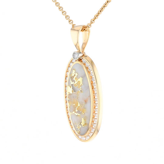 Gold Quartz Necklace .54ctw Halo Diamond Oval Inlaid Pendant