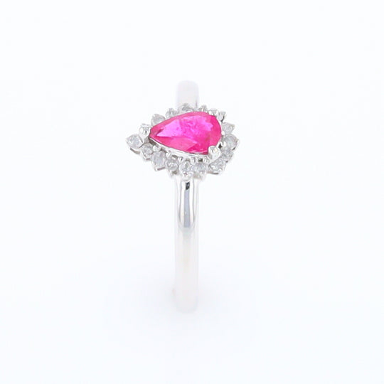 Natural Pear Cut Ruby with Diamond Halo 18K White Gold