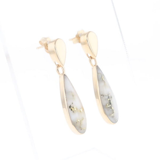 Gold Quartz Earrings Tear Drop Inlaid Design