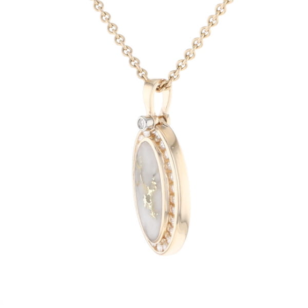 Gold Quartz Necklace .37ctw Halo Diamond Oval Inlaid Pendant