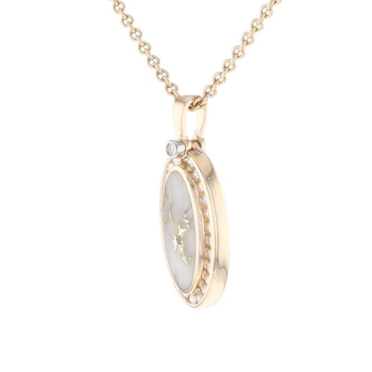 Gold Quartz Necklace .37ctw Halo Diamond Oval Inlaid Pendant