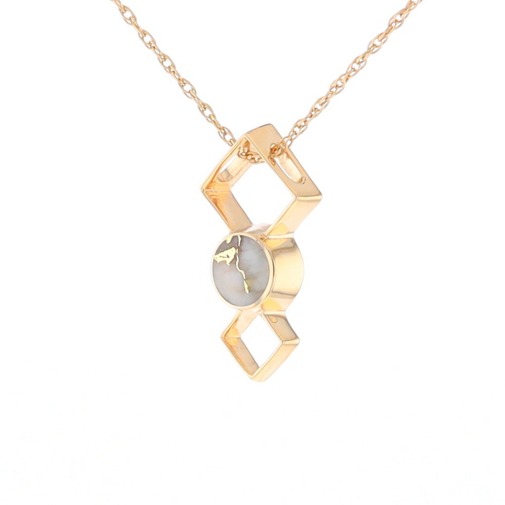 Gold Quartz Round Inlay Double Diamond Design Pendant