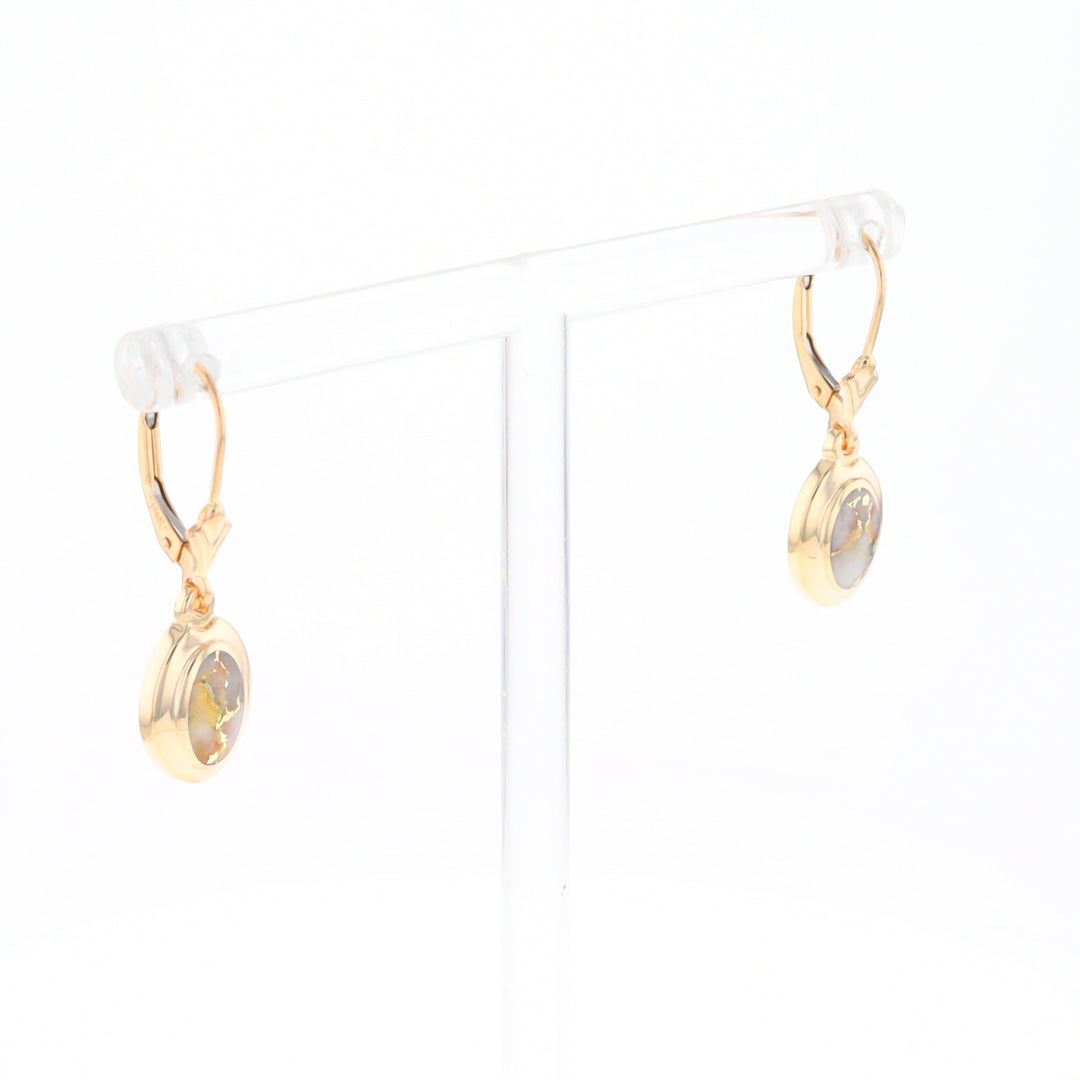 Gold Quartz Earrings Oval Inlaid Design Lever Backs - G2