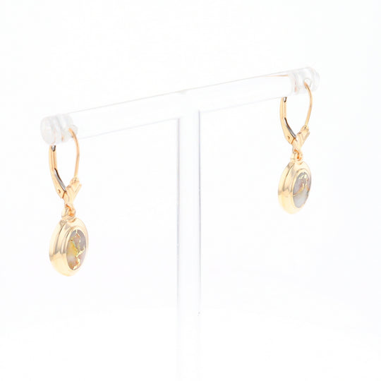 Gold Quartz Earrings Oval Inlaid Design Lever Backs - G2