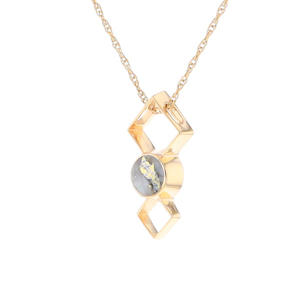 Gold Quartz Round Inlay Double Diamond Design Pendant