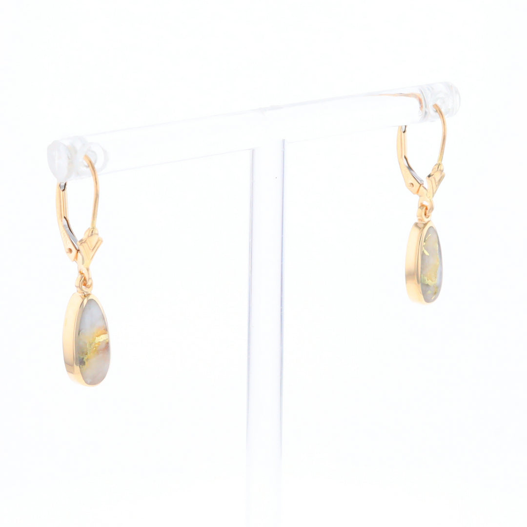 Gold Quartz Earrings Tear Drop Inlaid Lever Backs