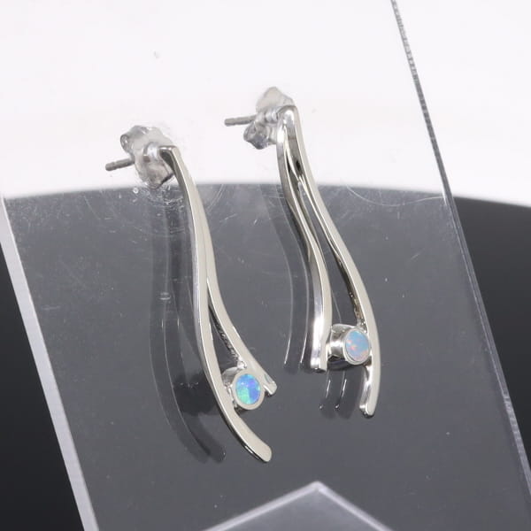 Opal Earrings Round Inlaid Double Curved Bar Design Studs