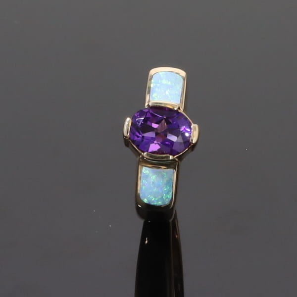 Opal Rings 2 Section Inlaid Design with Oval Amethyst Center