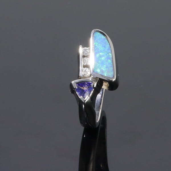 Opal Rings Geometric Inlaid Design with Tanzanite and .08ctw Diamonds