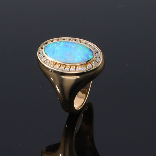 Opal Rings Oval Inlaid Design with .36ctw Round Diamonds Halo