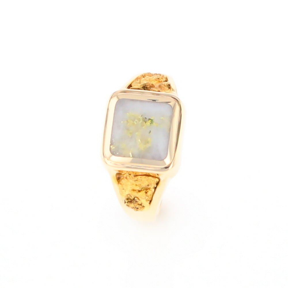 Gold Quartz Ring Square Inlaid Center Design with Natural Nugget Sides