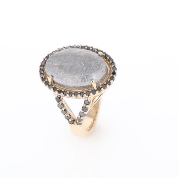 Meteorite Ring Oval Cabochon 0.65ctw Round Black Diamonds Halo
