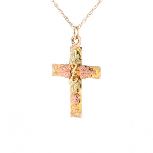 Black Hills Gold Green & Rose Leaf Cross