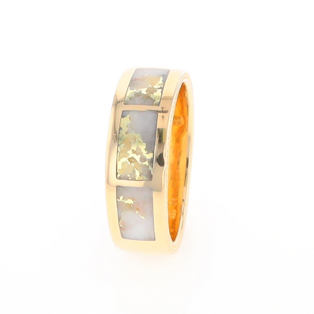 Gold Quartz Ring 3 Section Rectangle Inlaid Band with Milgrain Design