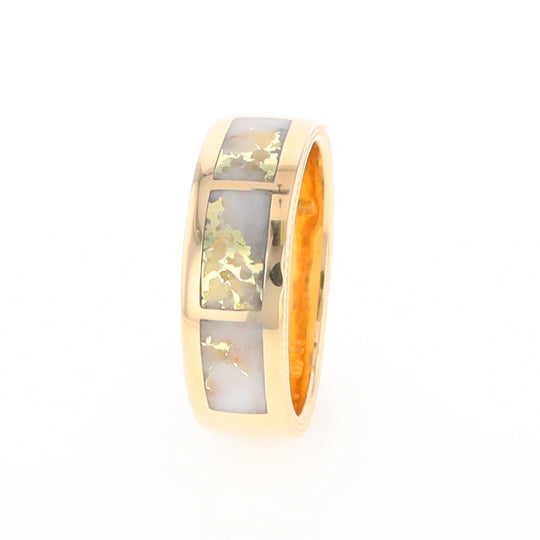 Gold Quartz Ring 3 Section Rectangle Inlaid Band with Milgrain Design