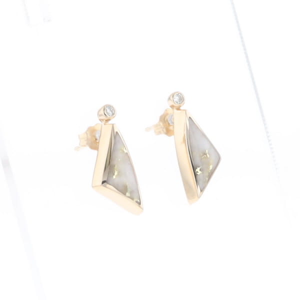 Gold Quartz Earrings Triangle Shape Inlaid with .04ct Round Diamonds - G2